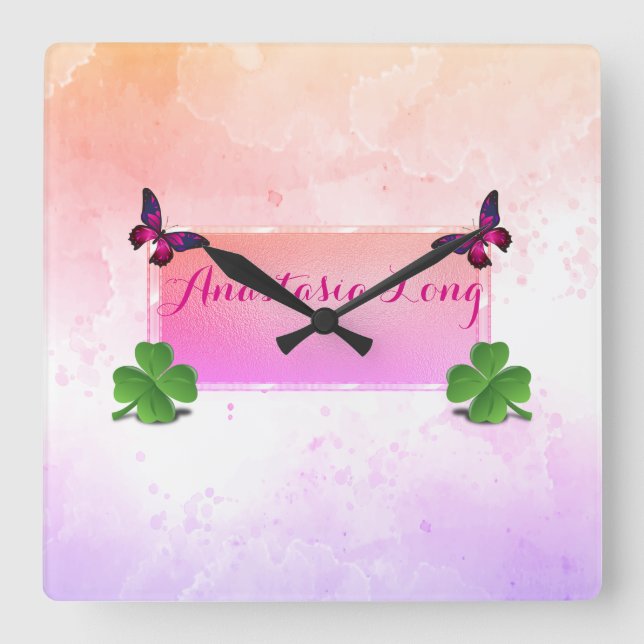 Modern Stylish, Pink Buterfly, Green Clover Square Wall Clock (Front)