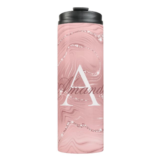 Modern Stylish Pink Glitter Girly Monogram Name Th Thermal Tumbler (Front)