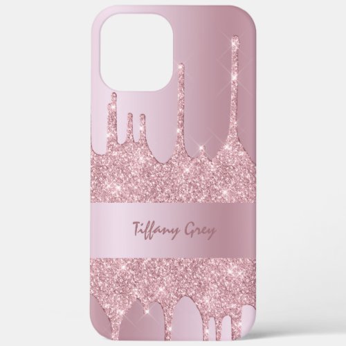 Modern stylish pink rose gold glitter drips iPhone 12 pro max case
