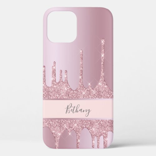 Modern stylish pink rose gold glitter drips iPhone 12 case