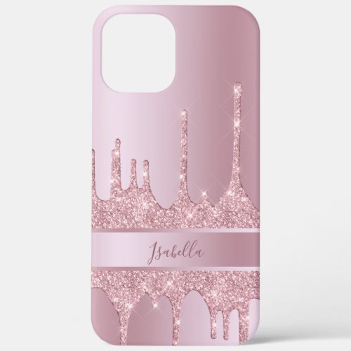 Modern stylish pink rose gold glitter drips custom iPhone 12 pro max case
