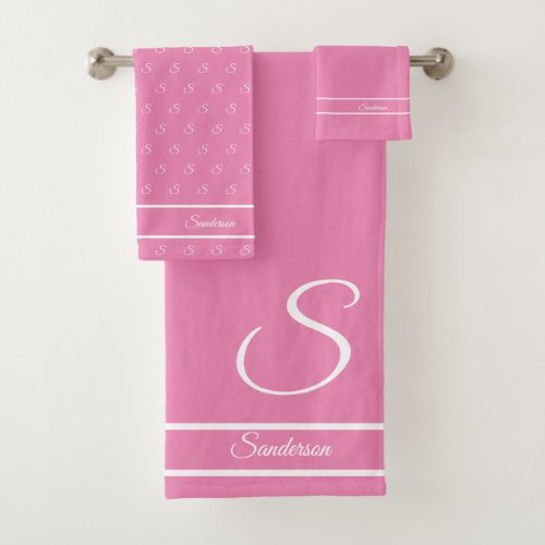  Modern Stylish Pink White Monogram Bath  Bath Towel Set
