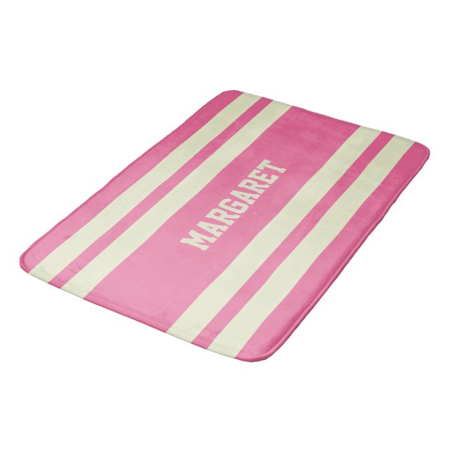 Modern stylish pink white monogram name  bath mat (Angled)
