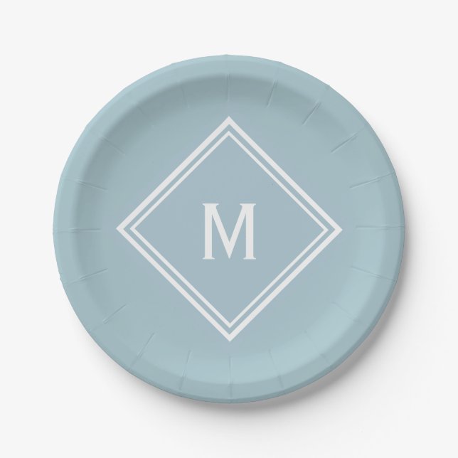 Modern Stylish Powder Blue Custom Monogram Paper Plates (Front)