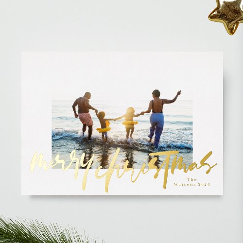 modern stylish premium photo merry christmas gold foil holiday card