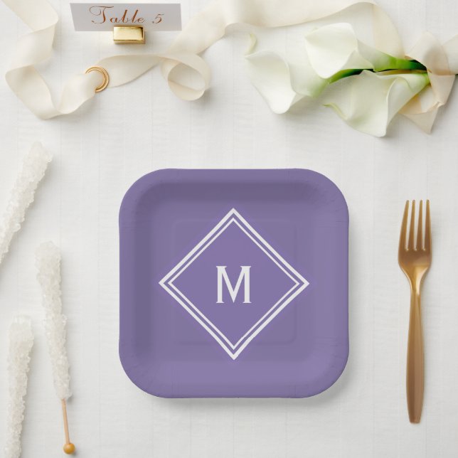 Modern Stylish Purple Custom Monogram Paper Plates (Wedding)