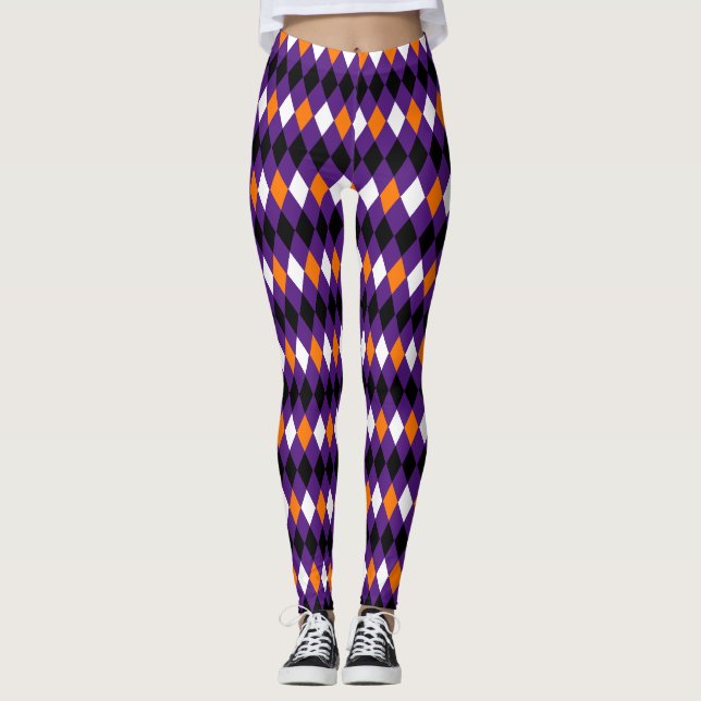 Modern Stylish Purple Orange Harlequin Pattern Leggings (Front)