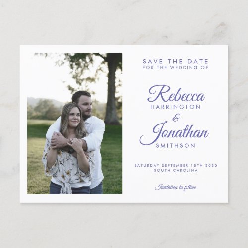 Modern Stylish Purple Photo Wedding Save The Date Invitation Postcard