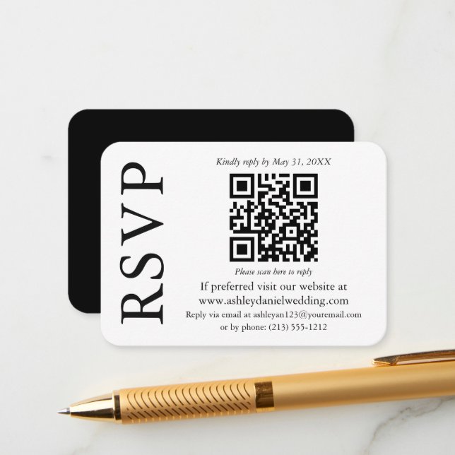Modern Stylish QR Wedding Black White RSVP Enclosure Card (Front/Back In Situ)