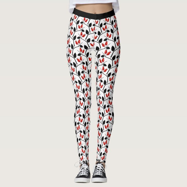 Modern Stylish Red Black Rose Hips Pattern Yoga Leggings (Front)