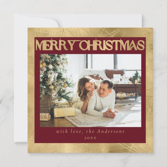 Modern Stylish Red & Faux Gold 1 Photo Christmas Holiday Card (Front)