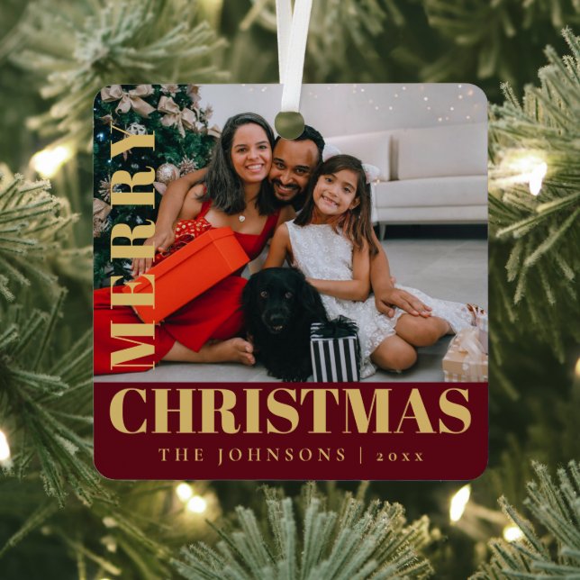 Modern Stylish Red  Merry Christmas Family Photo Metal Ornament (Insitu)