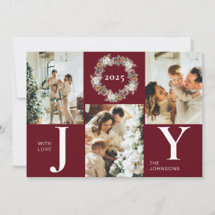 Modern Stylish Red Photo Collage Joy Christmas Holiday Card