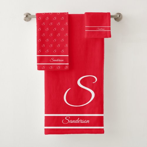  Modern Stylish Red White Monogram Bath Towel Set