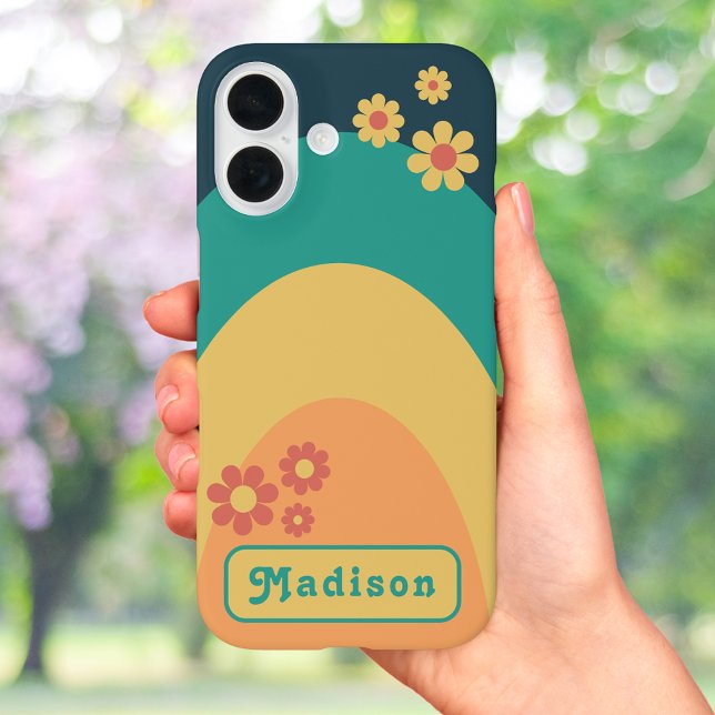Modern Stylish Retro 70s Groovy Personalized Case-Mate iPhone Case (Retro 70s vintage arch groovy daisy and typography add name blue teal yellow orange iPhone 16 case)