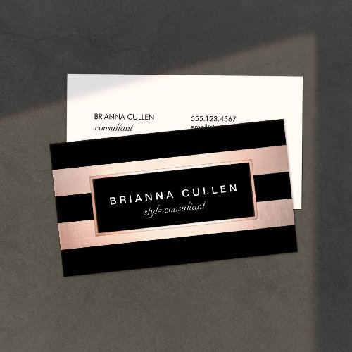 Modern Stylish Rose Gold Black Striped 2 Business Card