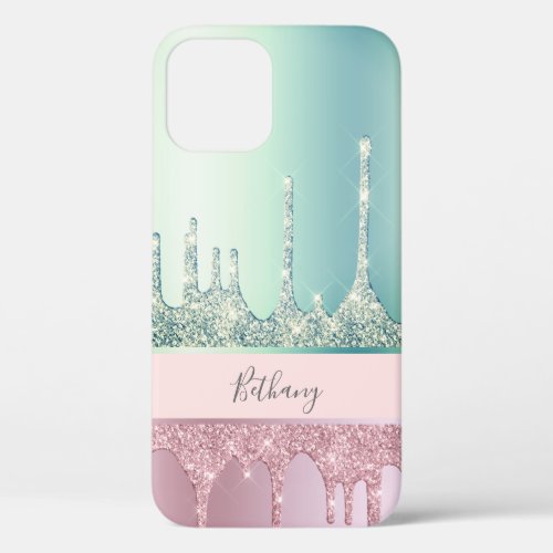 Modern stylish rose gold  mint glitter drips pink iPhone 12 case