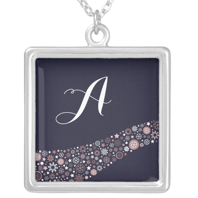 Modern stylish rose gold snowflakes wave monogram silver plated necklace (Front)