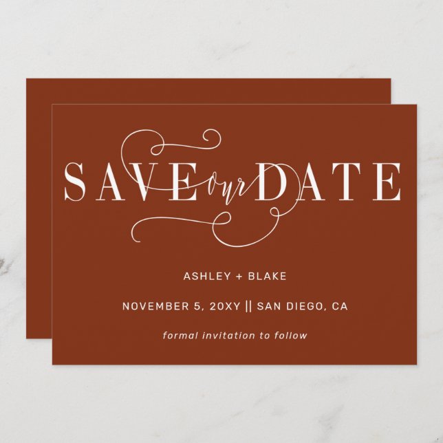 Modern Stylish Rust Simple Handwritten Calligraphy Save The Date (Front/Back)
