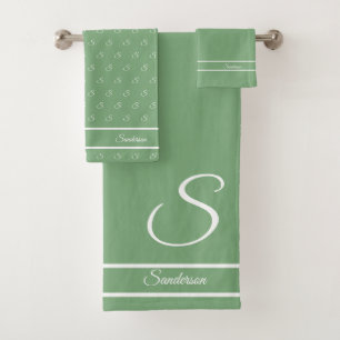 Modern Stylish Sage Green and White Monogram Bath Towel Set