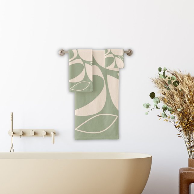 Modern Stylish Sage Green Cream Abstract Pattern Bath Towel Set (Creator Uploaded)