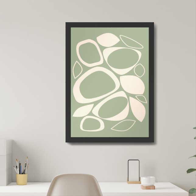 Modern Stylish Sage Green Cream Abstract Pattern Framed Art (Home Office)