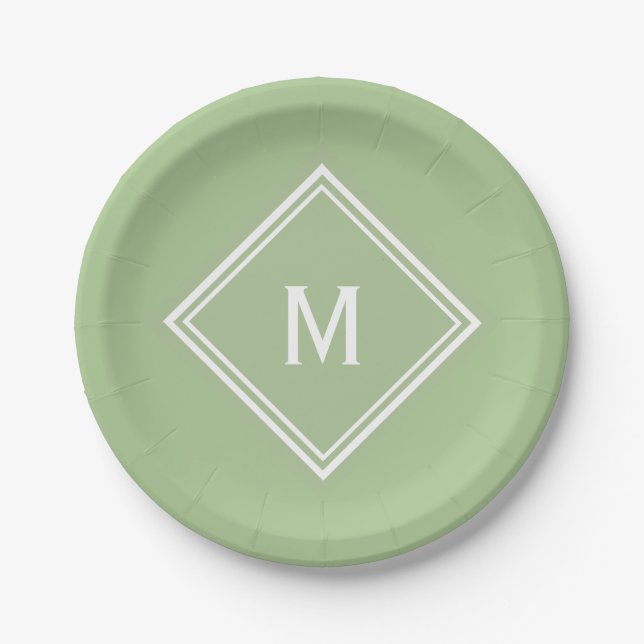 Modern Stylish Sage Green Custom Monogram Paper Plates (Front)