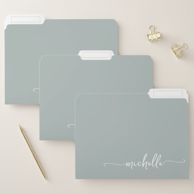 Modern Stylish Sage Green Custom Name Script File Folder (Set)