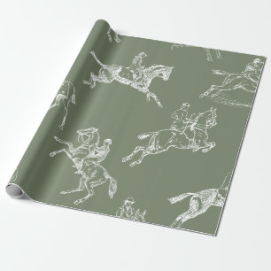 Modern Stylish Sage Green Horseback Riding Toile Wrapping Paper