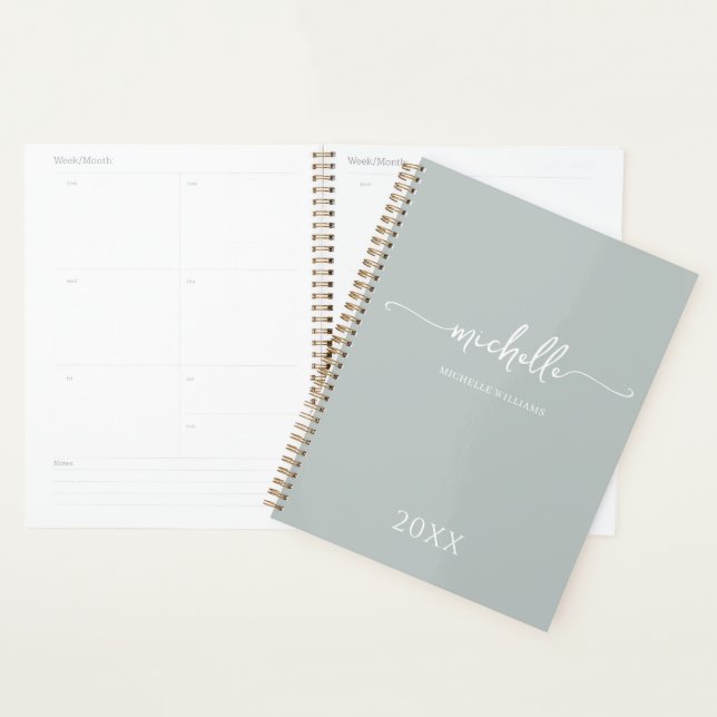 Modern Stylish Sage Green Script Monogram 2024 Planner (Display)