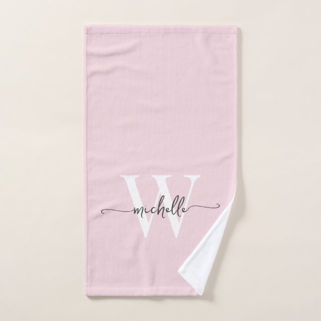 Modern Stylish Script Blush Pink Monogram Name Hand Towel (Hand Towel)