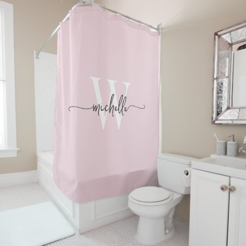 Modern Stylish Script Blush Pink Monogram Name Shower Curtain