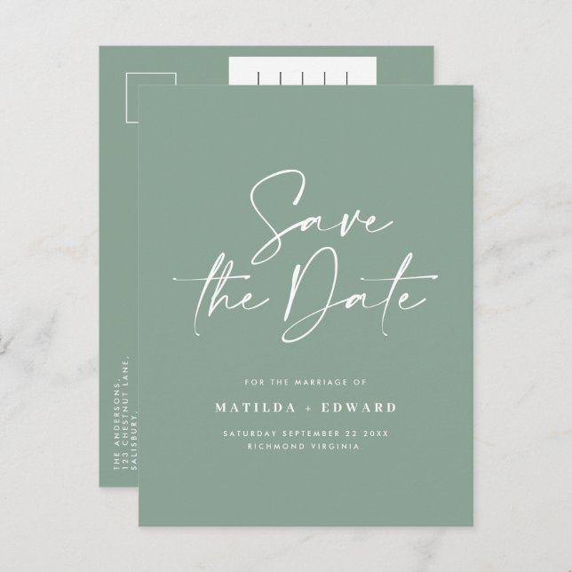 Modern stylish script elegant typography wedding a announcement postcard (Front/Back)