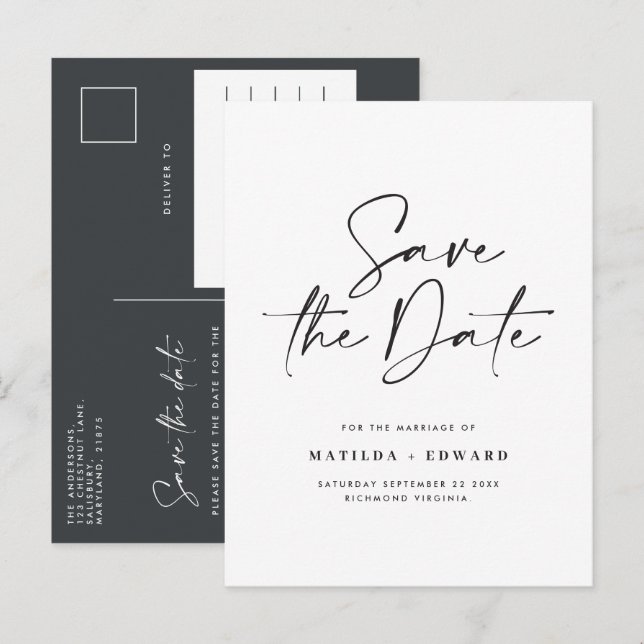 Modern stylish script elegant typography wedding announcement postcard (Front/Back)