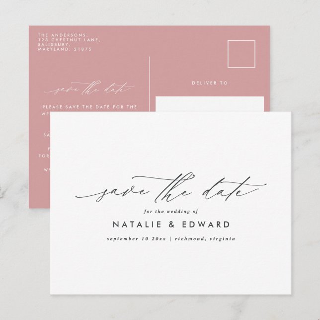 Modern stylish script elegant typography wedding announcement postcard (Front/Back)