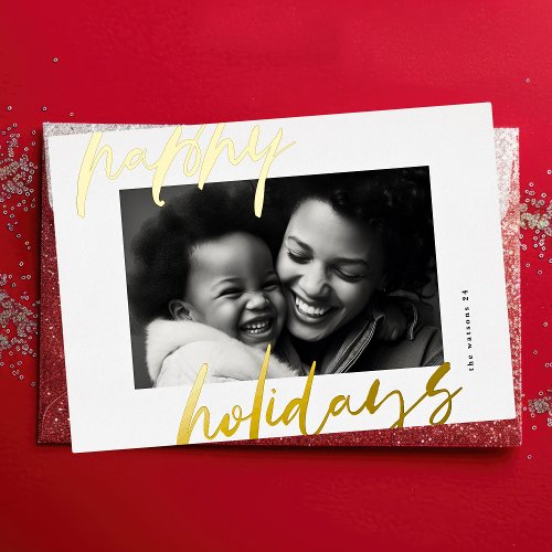 modern stylish script gold photo happy foil holiday card