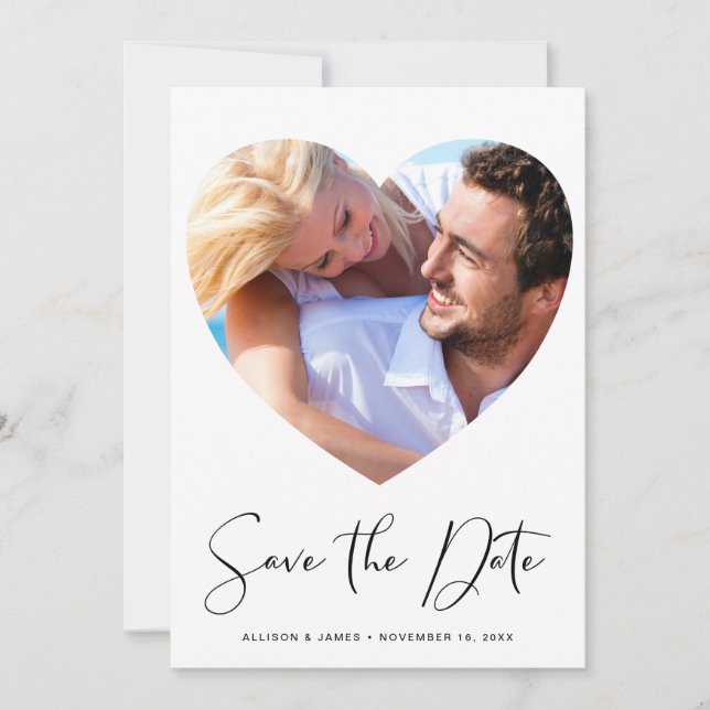 Modern Stylish Script Heart Shaped Photo Save The Date (Front)