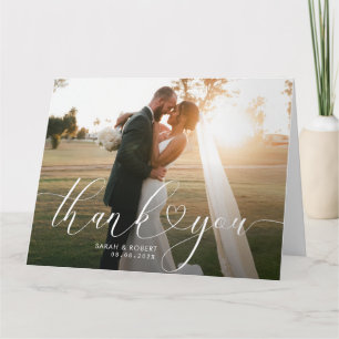 modern stylish script wedding thank you photo card