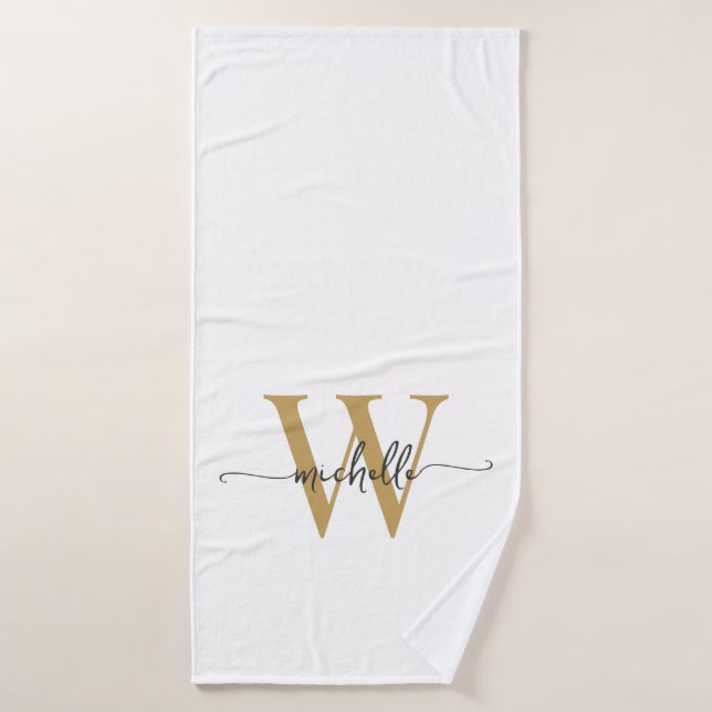 Modern Stylish Script White Gold Monogram Name Bath Towel (Bath Towel)