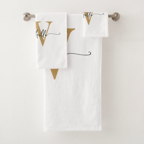 Modern Stylish Script White Gold Monogram Name Bath Towel Set