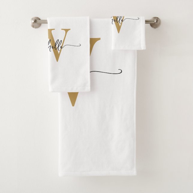 Modern Stylish Script White Gold Monogram Name Bath Towel Set (Insitu)