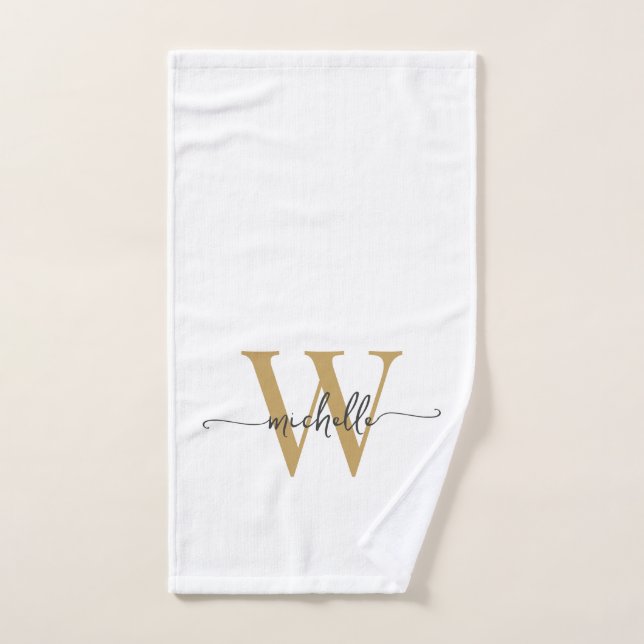 Modern Stylish Script White Gold Monogram Name Hand Towel (Hand Towel)