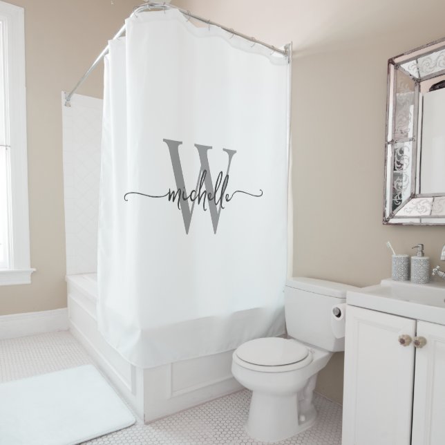 Modern Stylish Script White Gray Monogram Name Shower Curtain (In Situ)