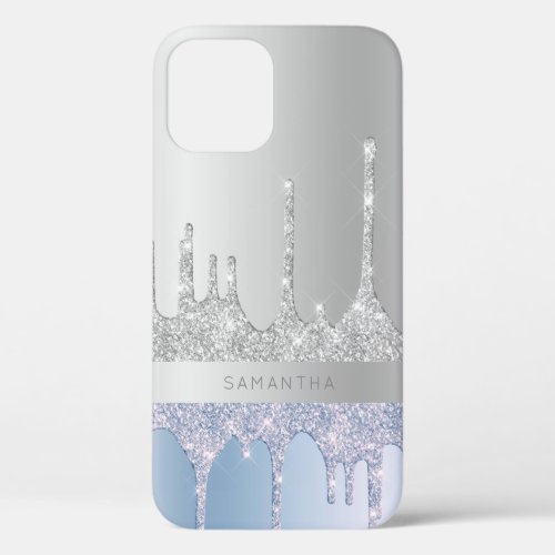 Modern stylish silver  blue glitter drips iPhone 12 case