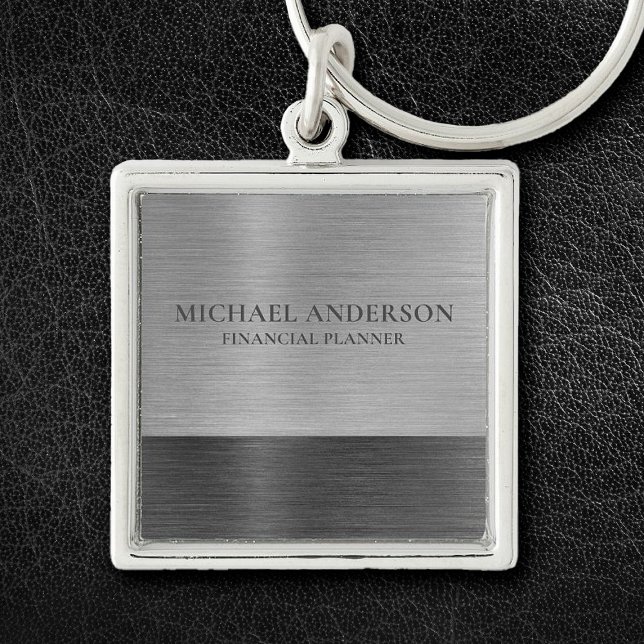 Modern Stylish Silver Monogram Name  Keychain (A classy silver and grey brushed metal keychain.)