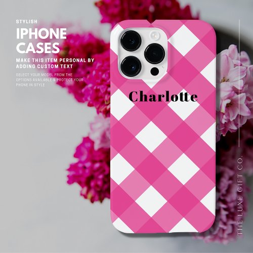 Modern Stylish Simple Pink Gingham with Name Case_Mate iPhone 14 Pro Max Case