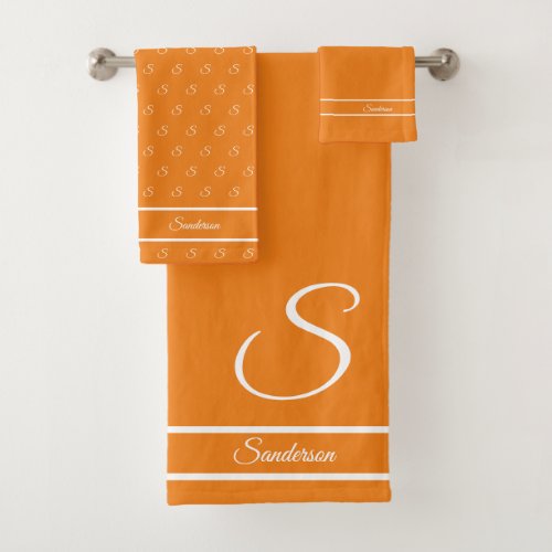  Modern Stylish Solid Color Orange White Monogram Bath Towel Set