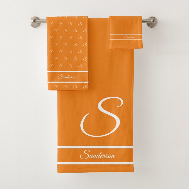  Modern Stylish Solid Color Orange White Monogram Bath Towel Set (Insitu)
