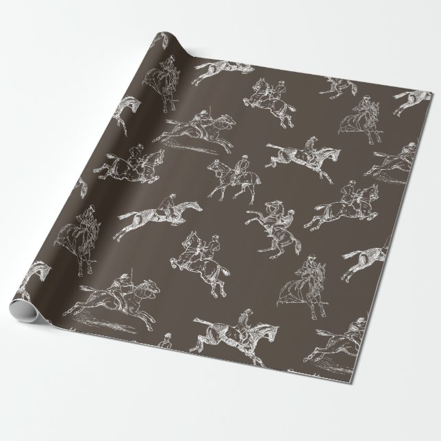 Modern Stylish Taupe White Horseback Riding Toile Wrapping Paper (Unrolled)
