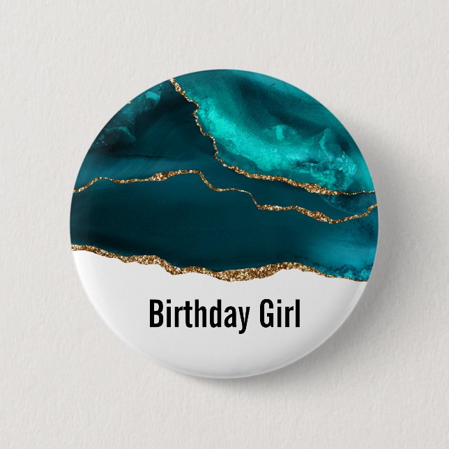Modern Stylish Teal Agate & Gold Ribbon Birthday Button (Front)